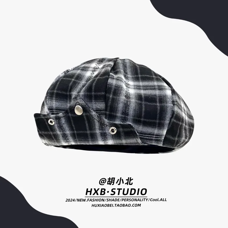 Japanese Y2k Retro Plaid Berets Casp for Women Spring and Autumn Korean Version Thin Casual Versatile Sweet Cloud Painter Hat