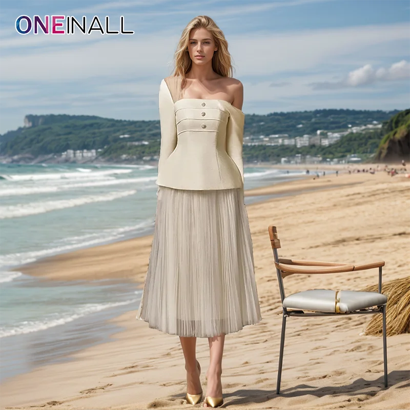 ONEINALL Solid 2 Piece Formal Set For Women Diagonal Collar Long Sleeve Spliced Button Top High Waist A Line Skirt Sets Female