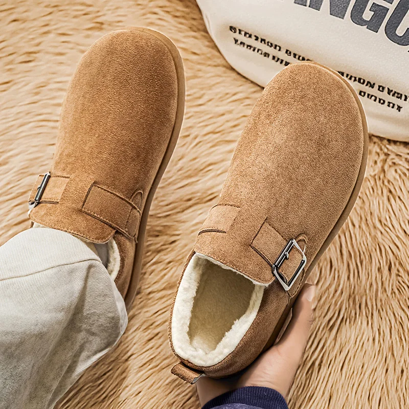 Chaussures d'hiver pour hommes, chaussures épaisses et moelleuses doublées en coton, chaussures chaudes en fourrure, bottes de neige à bout rond, Style loisirs, chaussures à fond plat