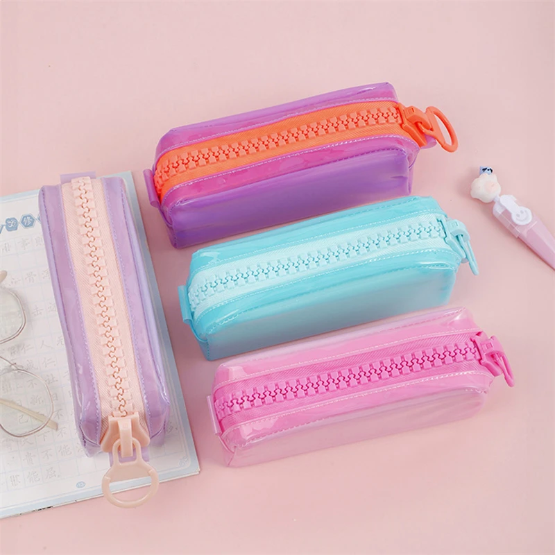 PVC Large Zipper Pencil Case Fluorescent Transparent Color Square Large Capacity Student Stationery School Supplies Storage Bag