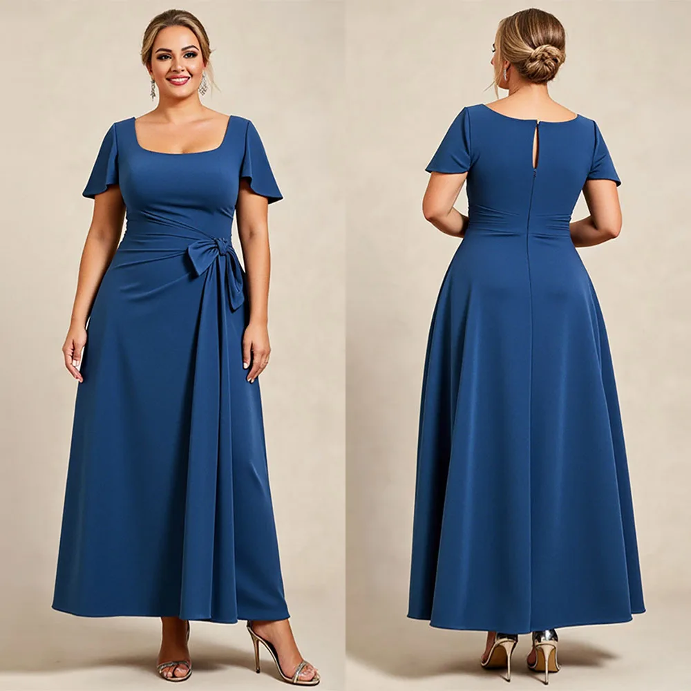 

Высокое качество по индивидуальному заказу с квадратным воротником, синяя молния до щиколотки, свадебная вечеринка, бант, морщины, короткие рукава, платье Корейский Стиль