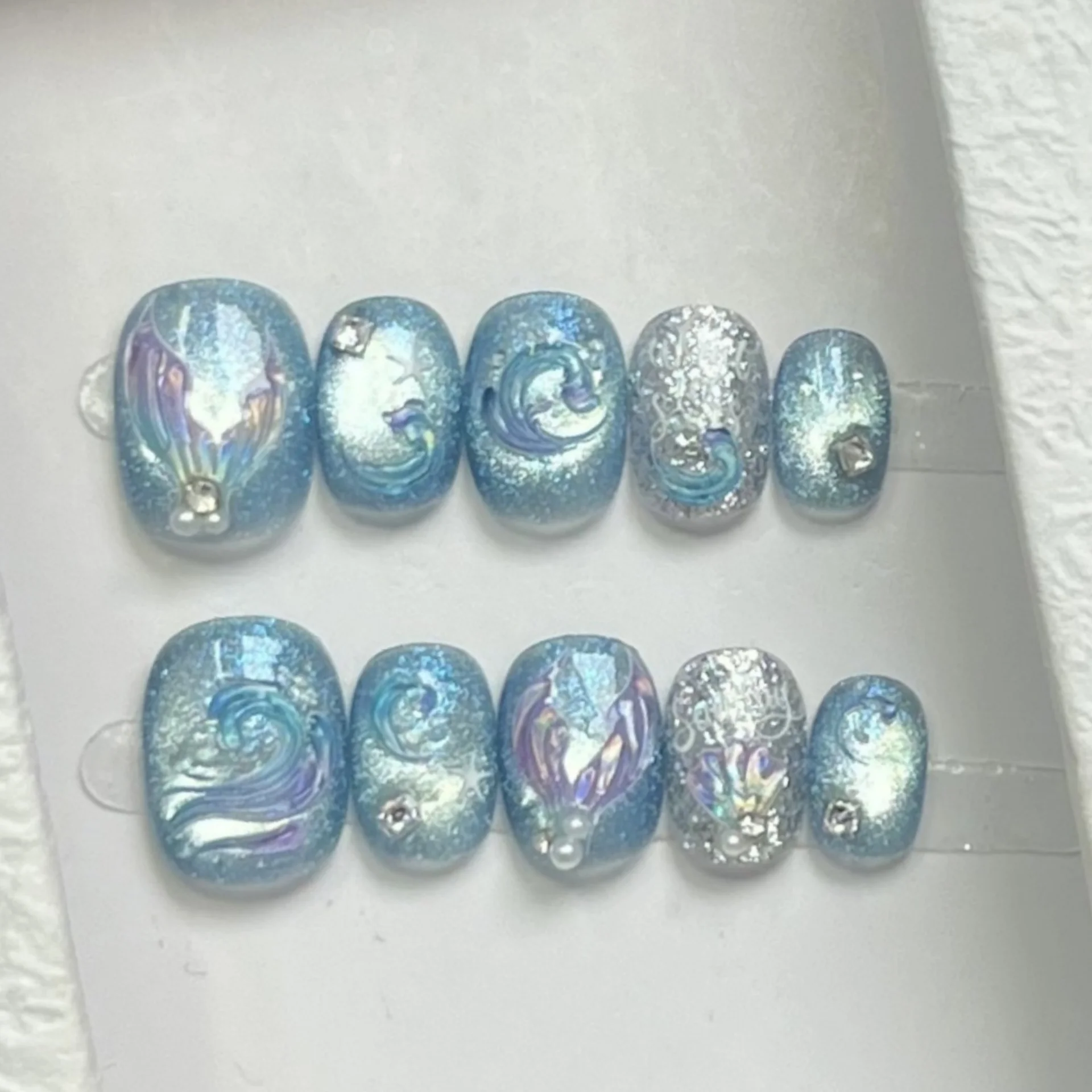 

10 шт. летних квадратных накладных ногтей ручной работы с блестками, эффектом кошачьего глаза, разноцветными размытыми узорами и пайетками, накладные типсы для маникюра