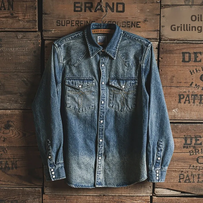 

Autumn Winter New Arrival American Retro Men's Heavyweight Denim irt Classic Western Cowboy Waed irt Youth Trendy Long ...