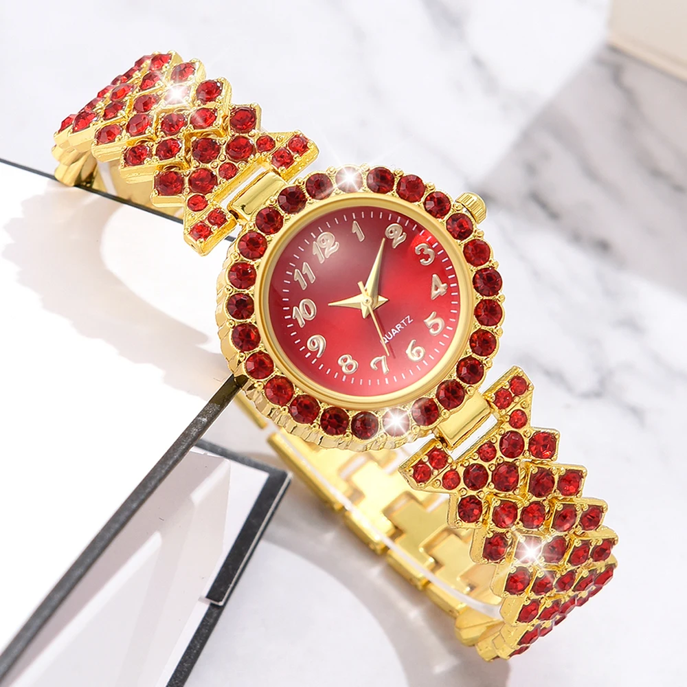 6PCS/Set Women's Red Alloy Watch Strap Fashionable Rhinestone Quartz Watch Necklace Earrings Jewelry Set