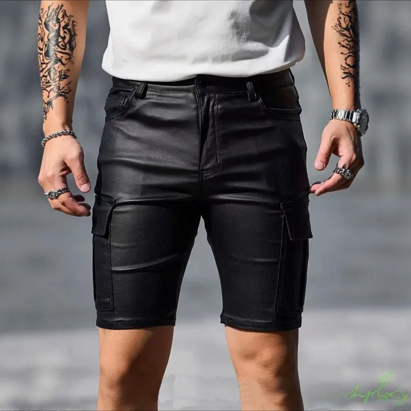 

Men PU Leather Cargo Shorts Slim Fit Casual Biker 5 Inch Short Pants