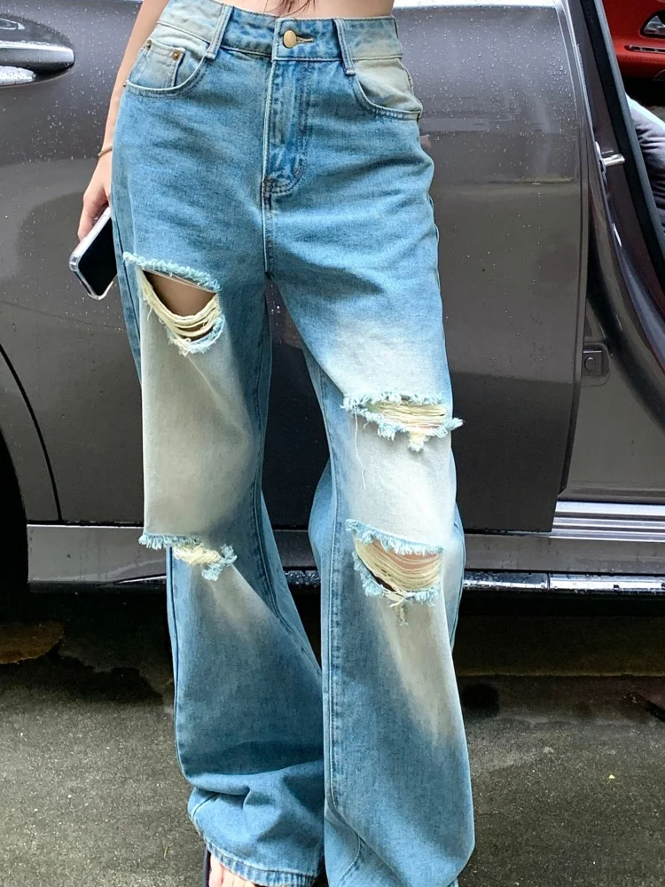 

Retro ripped jeans women summer American style high street straight leg pants design sense high waisted floor length pants