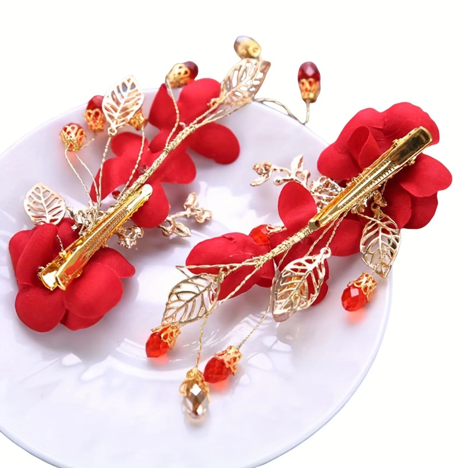 Red Bionic Flower Faux Pearl Hairpins, Chinese Wedding Headdress Accessories - Hollow Golden Leaf Rhinestone Design, Non-Slip Al