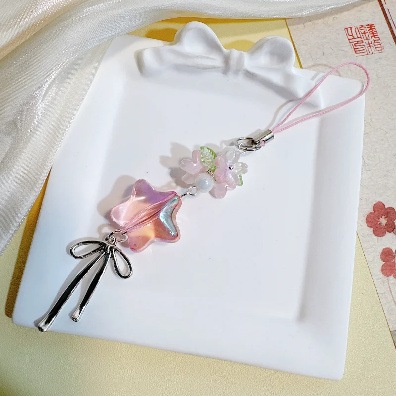 Cherry Blossom Glitter Star Phone Lanyard Strap Cute Keychain for Girls Phone Charm Gift