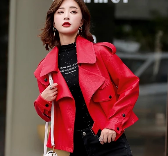 American Retro Black Cropped Leather Coat 2023 New Women\'s Autumn and Winter Streetwear Polo Collar Leather Jackets for Women