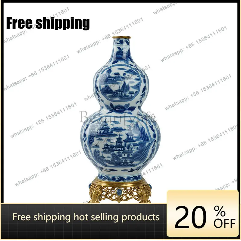 HOT New Chinese blue and white porcelain gourd vase living room entrance wine cabinet decorative ornament handicrafts C6086