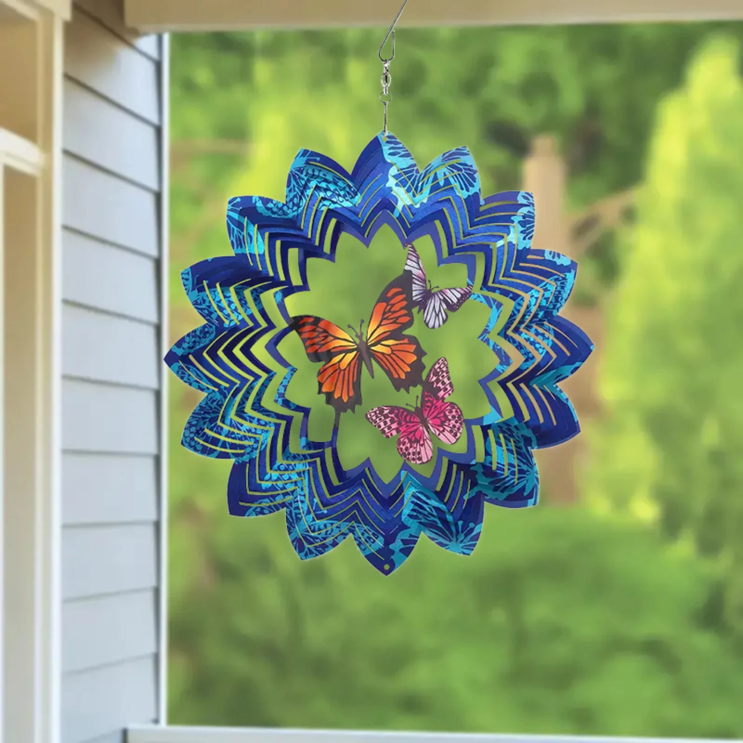 

3D Butterflies Blue Stainless Steel Rotating Wind Chime - Metal Hang Decoration Ornament for Window, Room, Tree, Courtyard