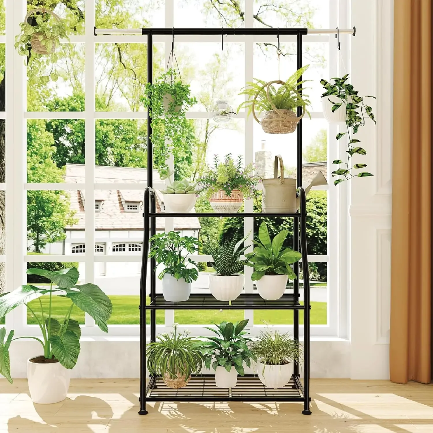 Plant Stand Indoor Outdoor, Heavy Duty Metal 3 Tiered Hanging Plant Shelf for Multiple Flower Planter Holder Tall