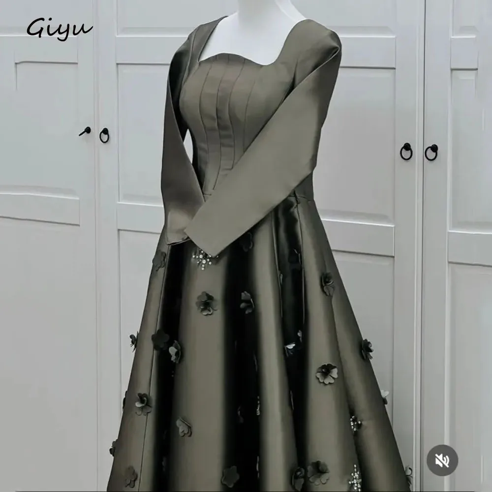 Giyu Elegant 3D Flowers Evening Gown Dress Beaded Square Collar Drapped A-line Ankle-Length Wedding Party Dress