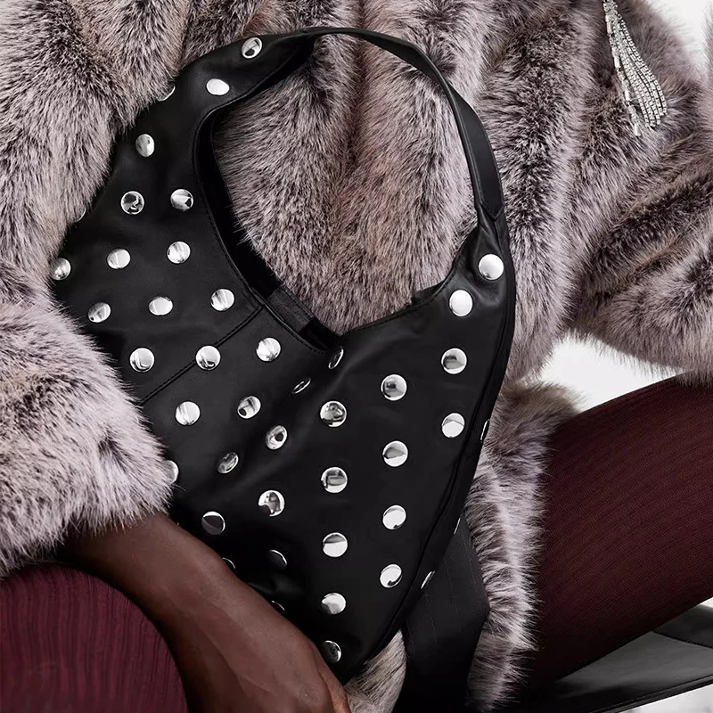 

Fashion Black Leather Handbag Silver Rivet Decoration Shoulder Bag Women Shopping Commuting Storage Bag 2025 Spring New Style