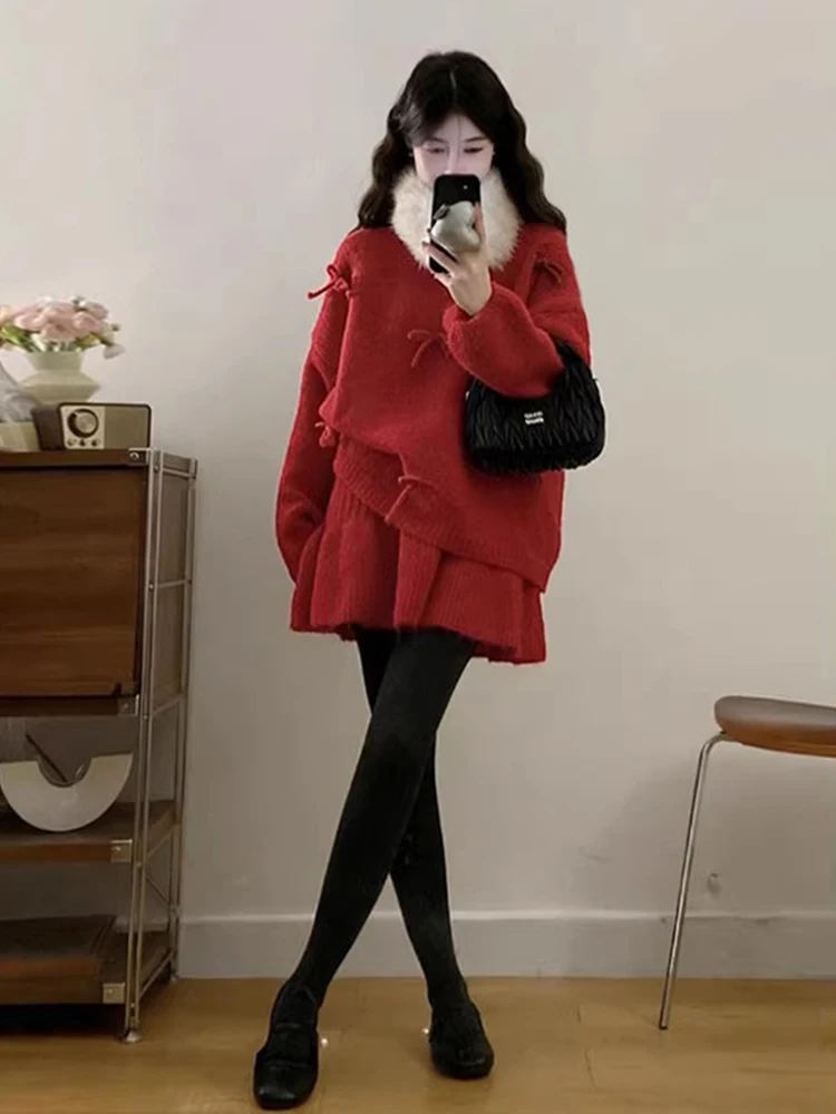 

Red Knot Sweater Short Skirt Two-Piece Set Large Size Women's Winter Fashion Ensemble Mink Collar Neck Warmer