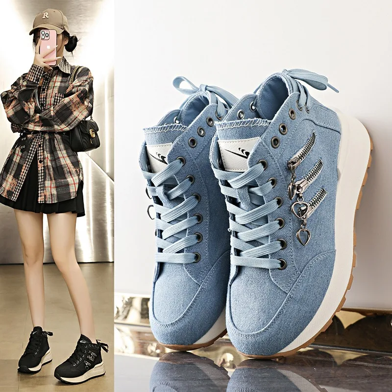 

Women's Platform Chunky Denim High Top Sneakers Height Increase Breathable Casual Sport Shoes for Spring Summer 2026 New Arrival