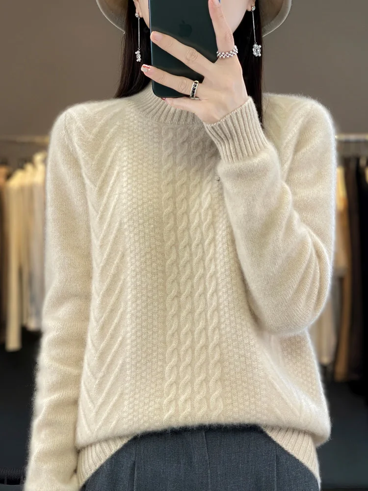 Women Sweater For Winter 100% Merino Wool Mock Neck Thick Warm Pullover Twist Flower Long Sleeve Cashmere Knit Korean Fashion