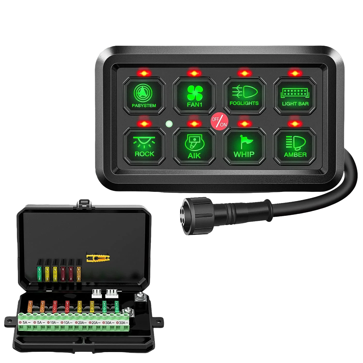 

8 Gang Switch Panel System Automatic Dimmable Green LED Pod 12V Circuit Control Relay Fuse Wiring Harness New Condition For Cars