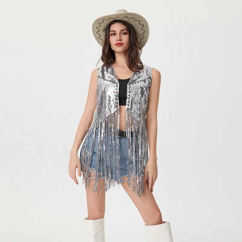 

Новый фестивальный тюнер с блестками и бахромой, женский кардиган, жилет с яркими блестками, внутренняя одежда из полиэстера, европейский слей