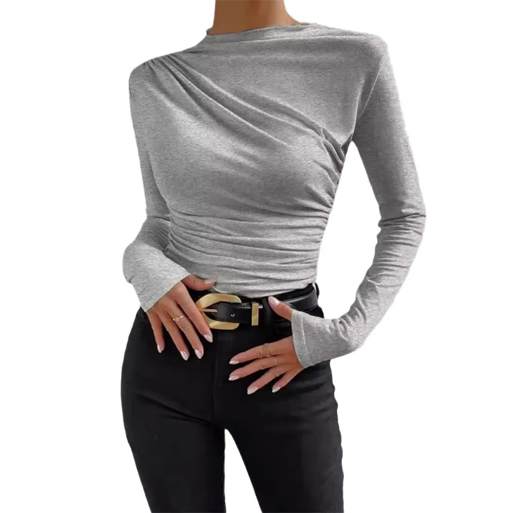 T shirt women 2026 fashion solid-color fitted pleated solid confortable long-sleeved T-shirt base tshirt women's clothing