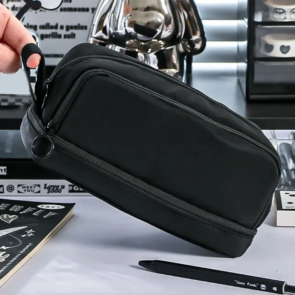 Portable Pure Color Pencil Case Multi-functional Large-capacity Pen Bag Double-layer Stationery Bag Students Gift