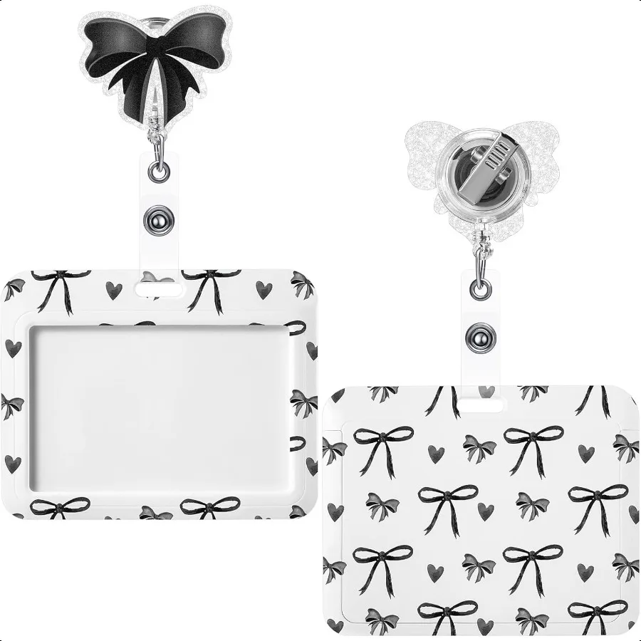 2 แพ็คสีดํา Bow Coquette ของขวัญประกอบด้วยแนวนอนผู้ถือป้าย ID และ Retractable Badge Reel พร้อมคลิปจระเข้ตลกชื่อ T