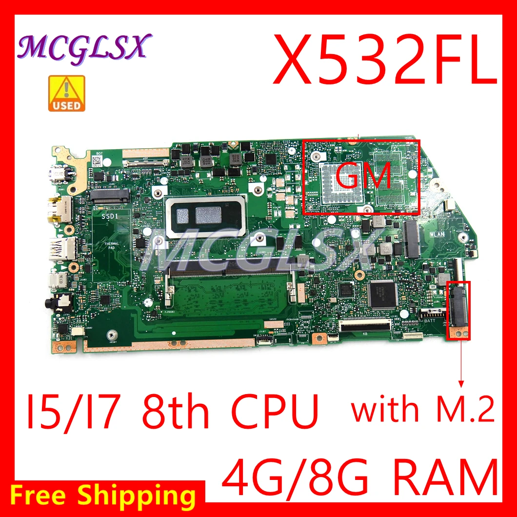 

X532FA i5 i7 8th Gen CPU 4G/8G RAM notebook Mainboard For Asus VivoBook S15 S532F X532 X532F X532FL X532 Laptop Motherboard Used