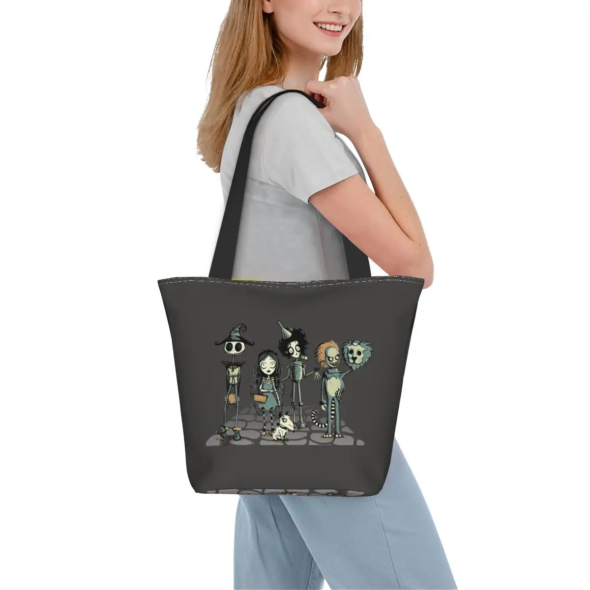 Tim Burton Horror Movie Shopping Bag Women Canvas Shoulder Tote Bag Portable Gothic Halloween Film Groceries Shopper Bags