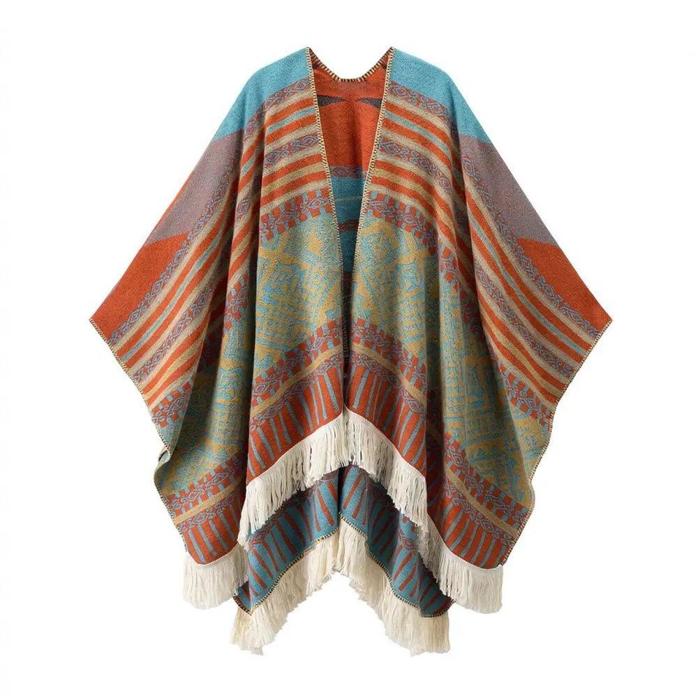 Women Winter Warm Ethnic Knit Shawl Geometric Pattern Poncho Pullover Cape Oversized Wrap Cloak Outdoor Streetwear