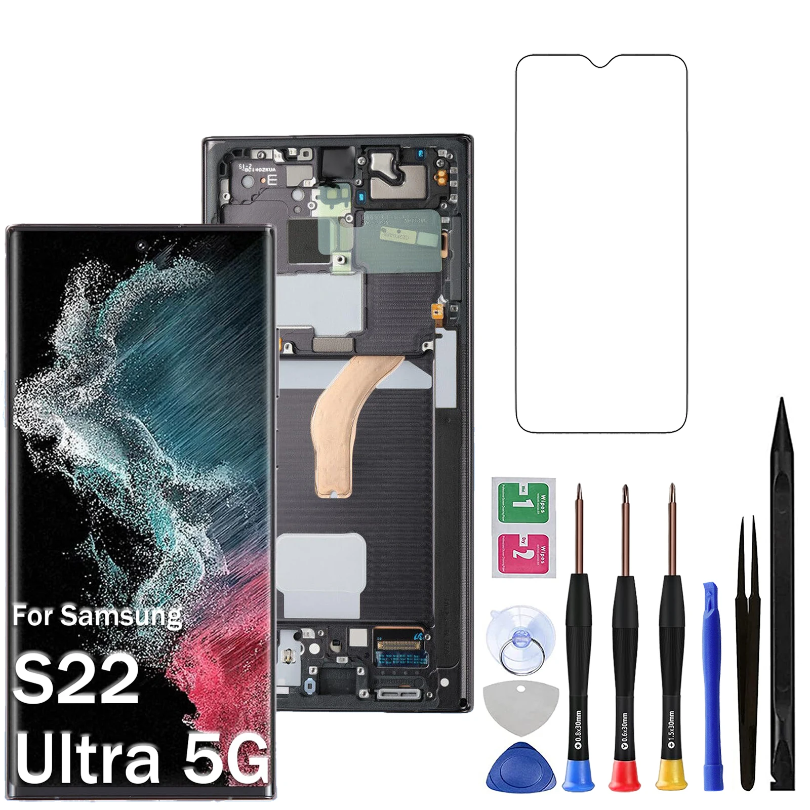 Screen Replacement for Samsung Galaxy S22 Ultra with Frame, LCD Display Assembly, Repair Tool Included