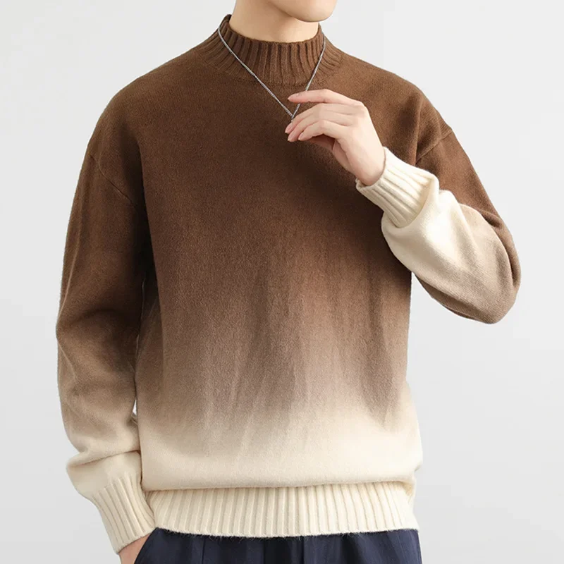 

Japanese style New Fashion Men Gradient Color Long Sleeve Half High Collar Casual Trendy Simple Basic Knitted Sweater Pullovers