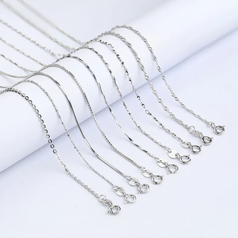 Genuine 925 Sterling Silver Water-wave Snake Box Chain For Woman 40cm/45cm 0.7/0.8mm Chain Necklace DC06