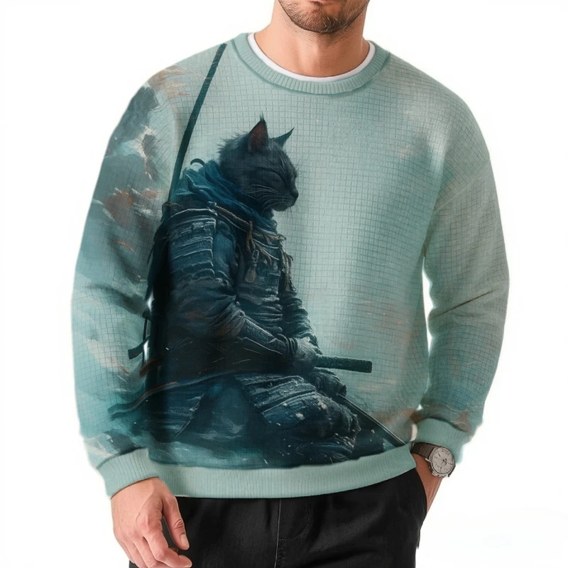 Oversized Men's Sweatshirt Japanese Cat Samurai Snowscape Art Print Knit Vintage Autumn 2026 Chic Long Sleeve Pullover Man Cloth