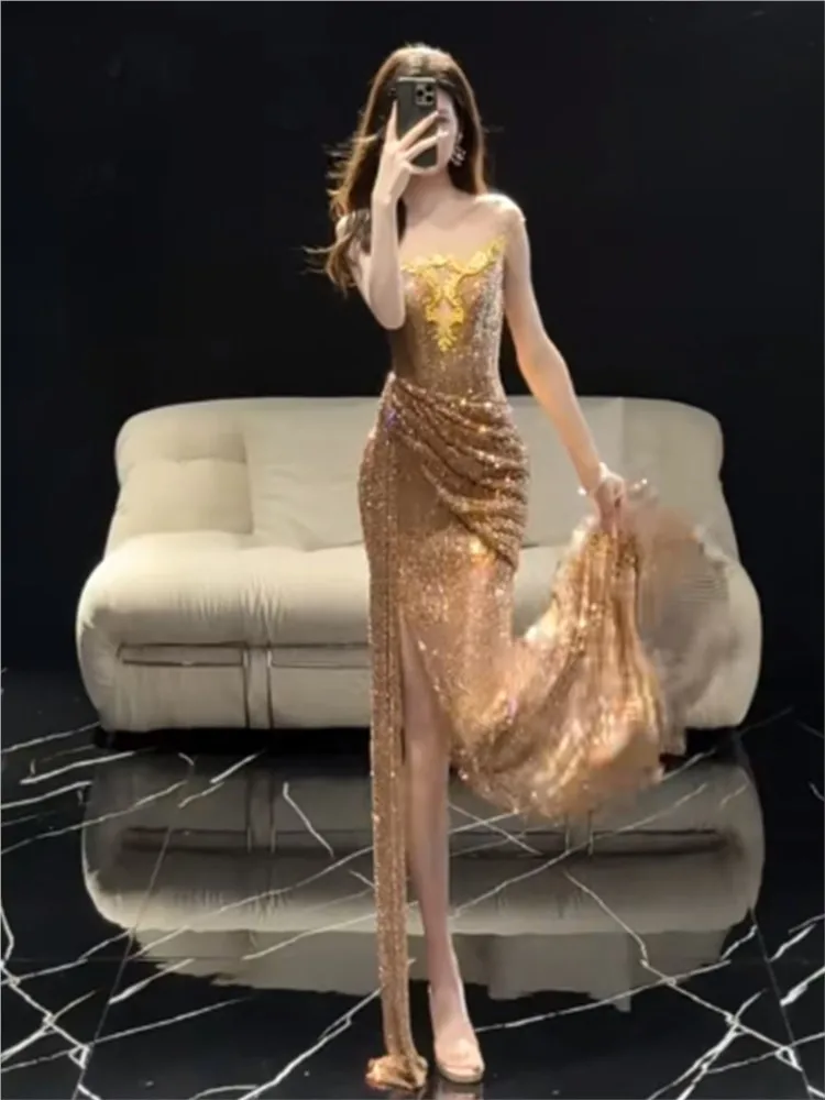 

New champagne gold cocktail dress with strappy toasts
