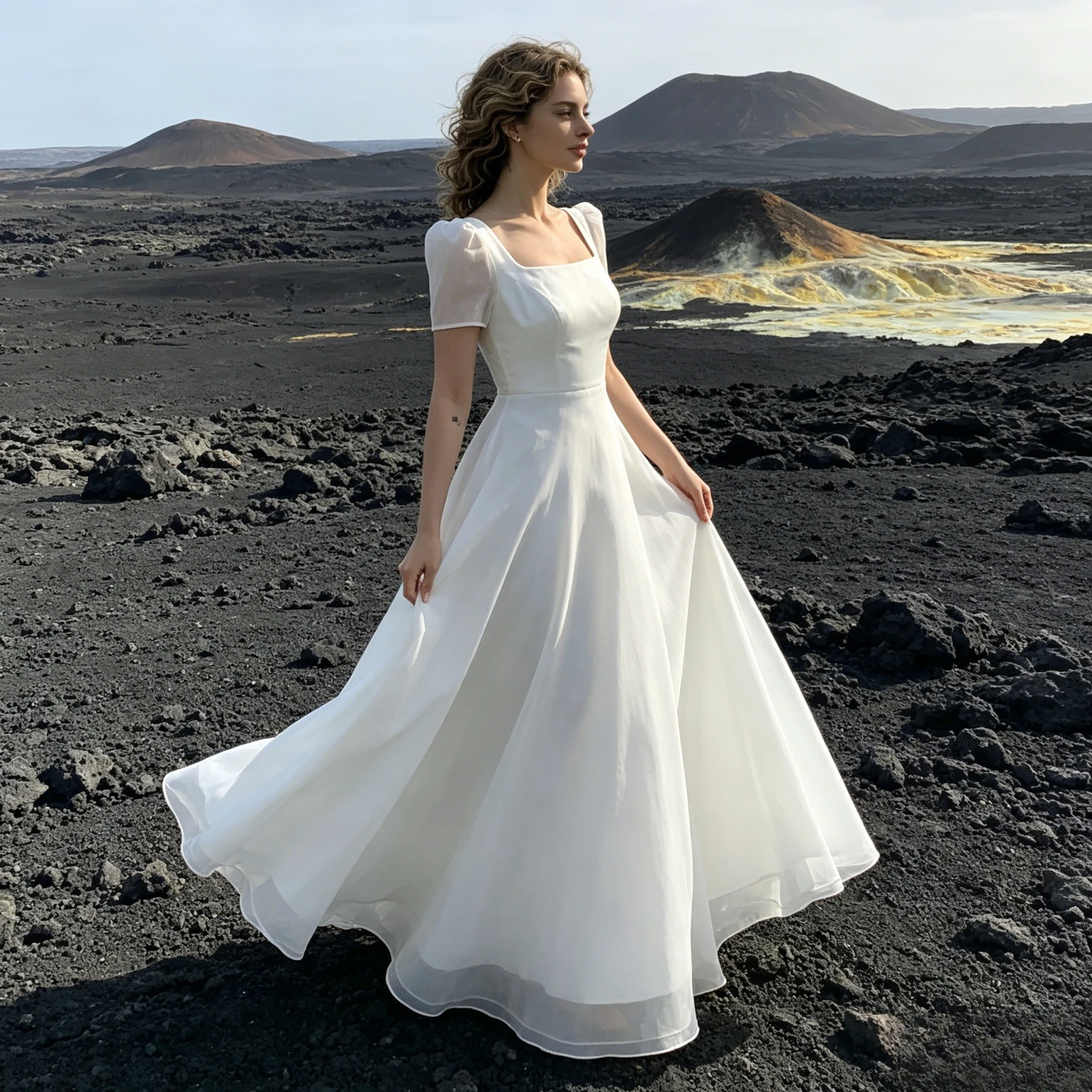 Customized Square Neck Bubble Sleeve Sheer Wedding Dresses 2026 Simple A-line Pleated Edge Bridal Gown Suitable for The Beach