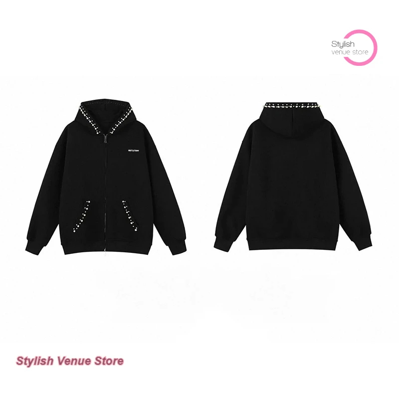 American retro Pearl hooded beaded cardigan sweater women's autumn and winter new fashion embroidery design loose zipper coat.