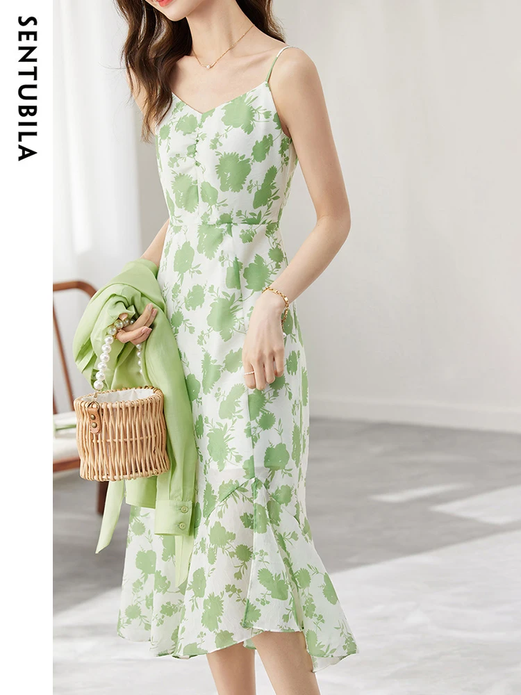 SENTUBILA 2 Piece Dress Sets Women 2024 Elegant Fashion Summer Vacation Outfit Green Print Cami Dress Thin Crop Shirts 132Z47993