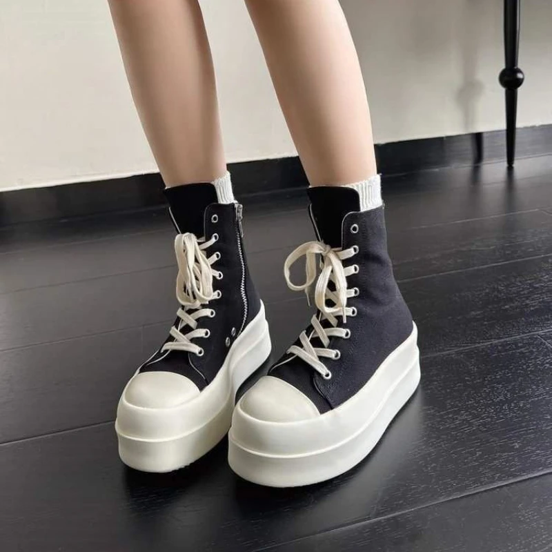 Women\'s Platform Ankle Boots High-Top Lace-Up Canvas Shoes for Spring Autumn Trendy Height-Increasing Design Shoes