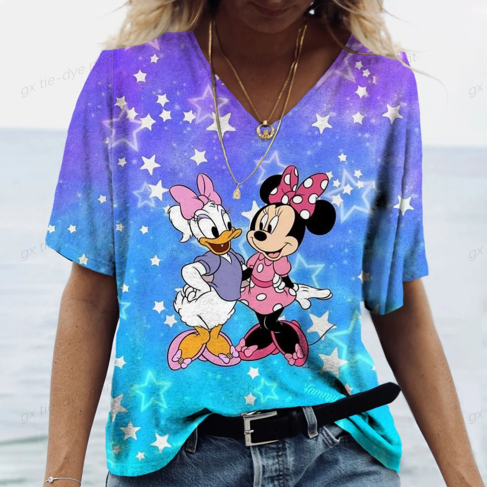 T-shirt da donna di moda Topolino Stampa Ragazze Estate Harajuku Abbigliamento casual allentato T-shirt a maniche corte con scollo a V Kawaii