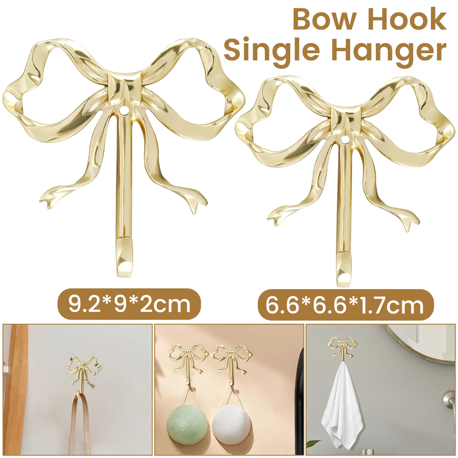 2.6 x 2.6 x 0.67 inches Gold Bow-Knot Hooks Brass Bow Wall Hooks Door Hanger Gold Towel Brass Coat Decorative Hooks for Home