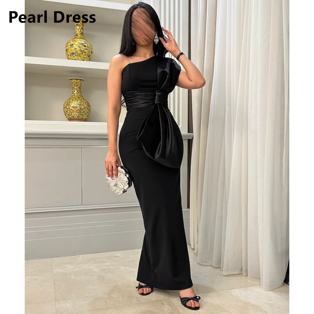 Pearl Bow Tie Evening Dresses Women Elegant Womens Party Dresses for Special Occasions Satin Custom Made Black One Shoulder Prom