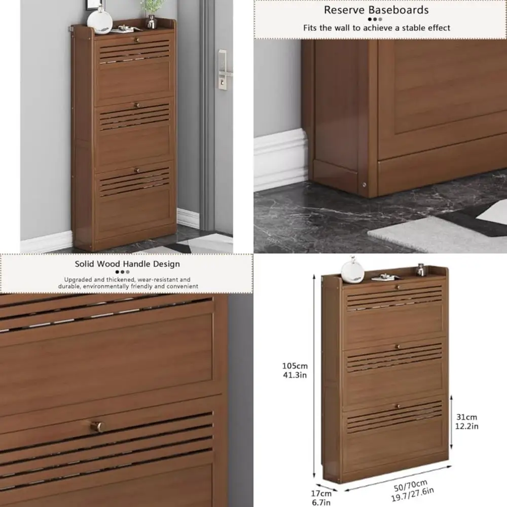 خزانة أحذية ذات درج قابل للطي للمدخل، منظم أحذية من الخيزران مع مساحة تخزين مخفية، خزانة أحذية بثلاثة أدراج للباب المنزلق #1