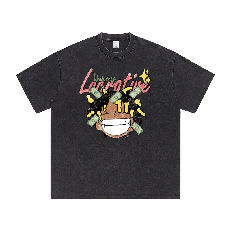하라주쿠 남성용 오버사이즈 티셔츠, 헤비웨이트 워싱 만화 그래픽 티셔츠, 빈티지 티, 여름 힙합 하이 스트리트 스트리트웨어