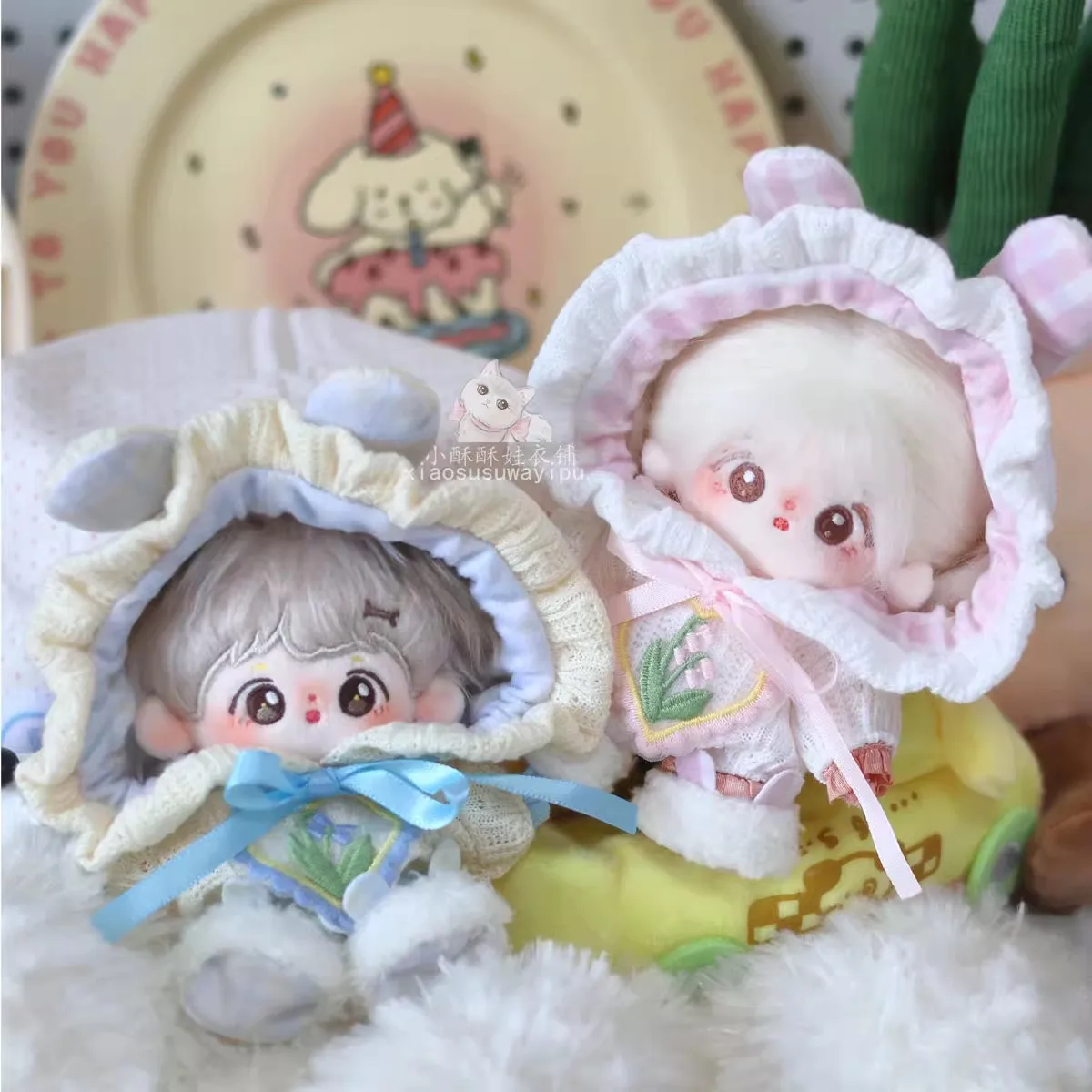 Original Animal Rabbit Ear Knit Pajamas Party Suit For 10cm Doll Toy Pink Blue Clothes Costume Cosplay Gift Cute Lovely