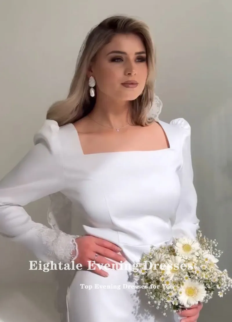 Eightale-Vestido De novia árabe De satén, manga larga, personalizado, encaje blanco marfil, sirena musulmana, Vestido De novia