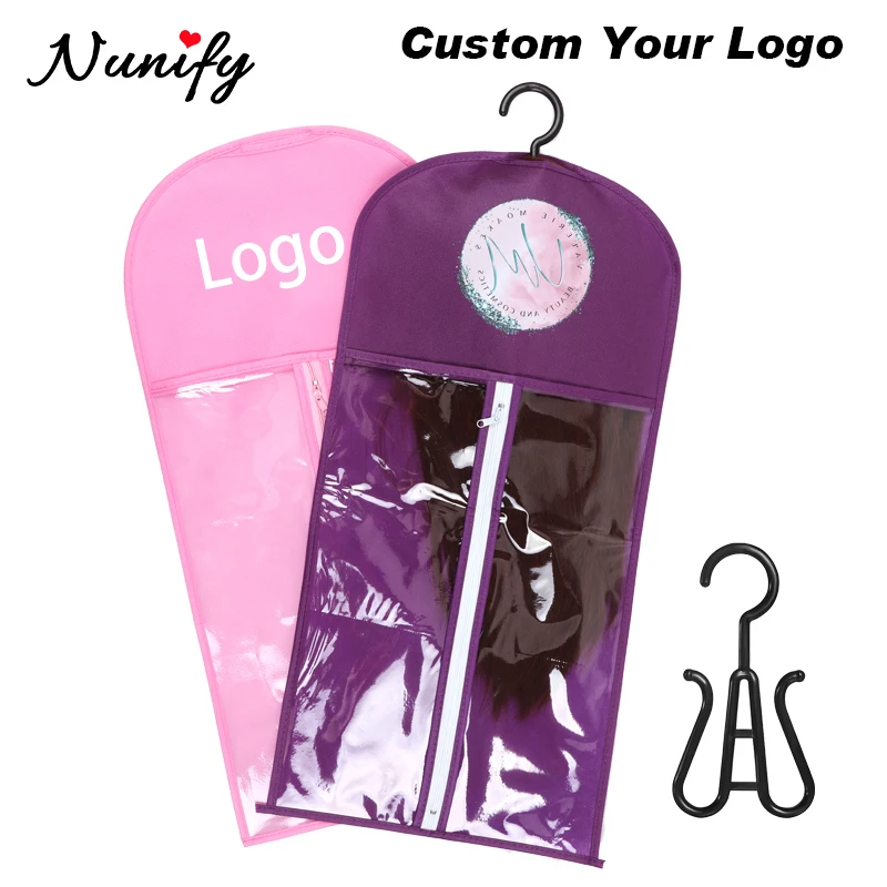 Add Logo For Wig Storage Bag With Hanger 10 Sets Hair Bags With Holder Plastic Wig Hangers For Multiple Wigs Hair Packaging Bags