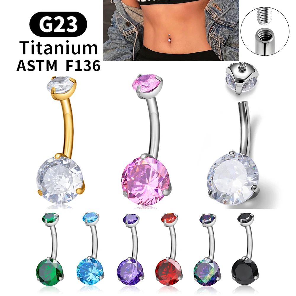 

ASTM F136 Titanium Banana Bend Belly Button Rings 14G Round Zircon 8/10/12mm Sexy Belly Piercing Barbell Navel Ring Body Jewelry