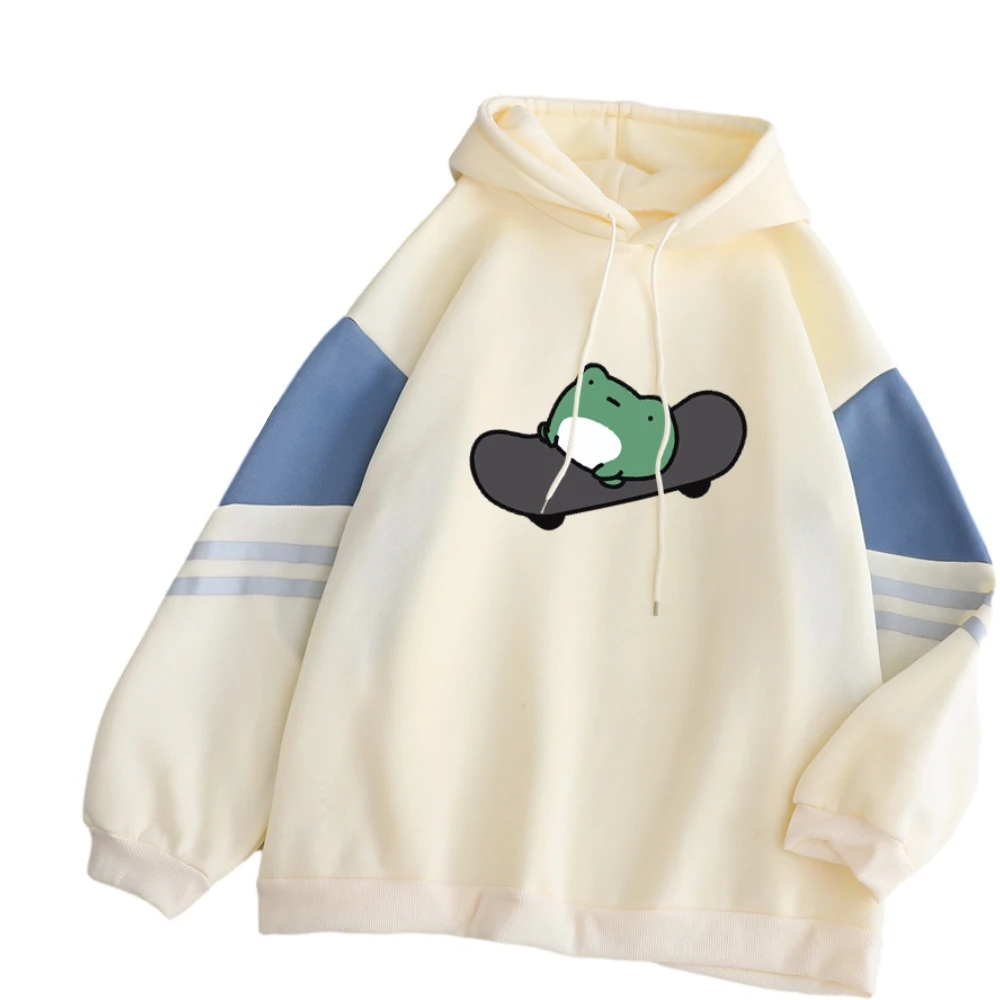 

y2k Harajuku Kawaii Hoodies Crative Skateboard Frog Cartoon Graphic Pullover Fleece Contrast Color Women's Hooded Sweatshirt Top