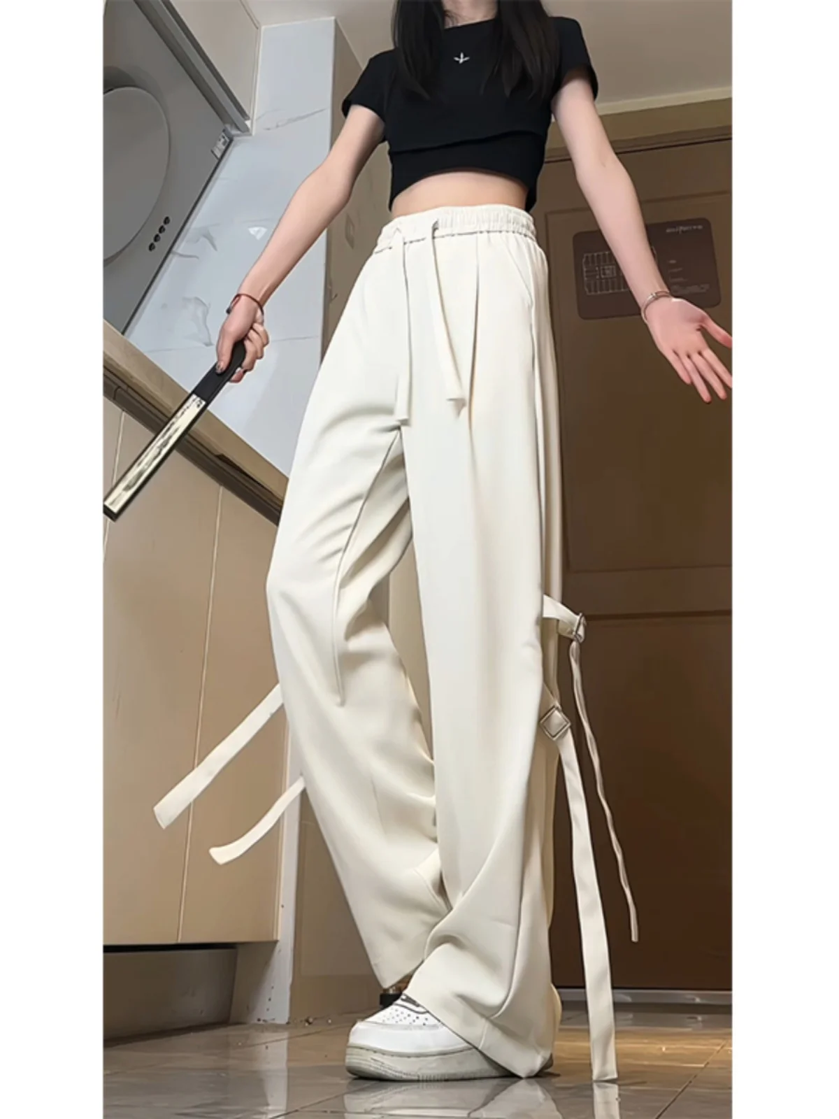 

New Chinese Sle Apricot Pants Men's Summer High-End Ice Silk Lazy Sle West Pants OOTD Lazy Wide Leg Pants Loose Fit
