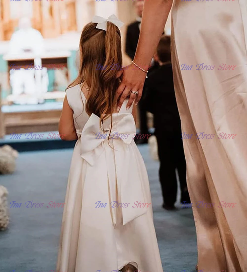 

Lovely Sleeveless Flower Girl Dress Satin Fluffy Bow Belt For Little Princess Wedding Birthday Present Party Evening Gowns